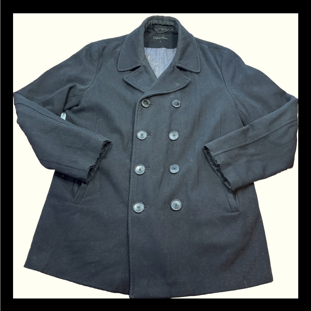 Calvin Klein BLACK WOOL Pea Coat Jacket Mens S Anchor Buttons Lined  vented 90s